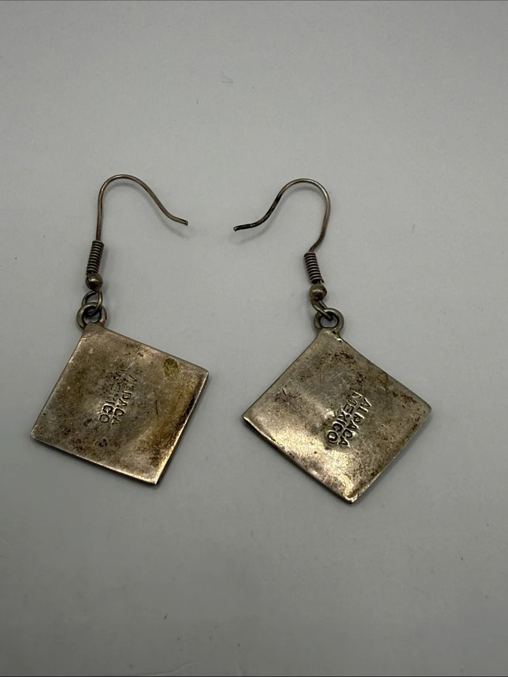 Vintage Alpaca Mexico Silver Tone Abalone Square Dangle Drop Statement Earrings
